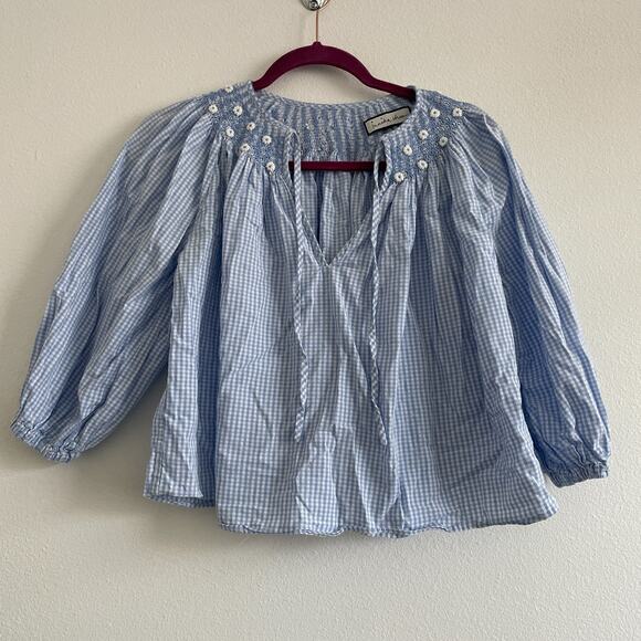 Innika Choo Top Women OS Cropped Fara Weydrims Blue Smocked Gingham Cottagecore - Picture 1 of 8